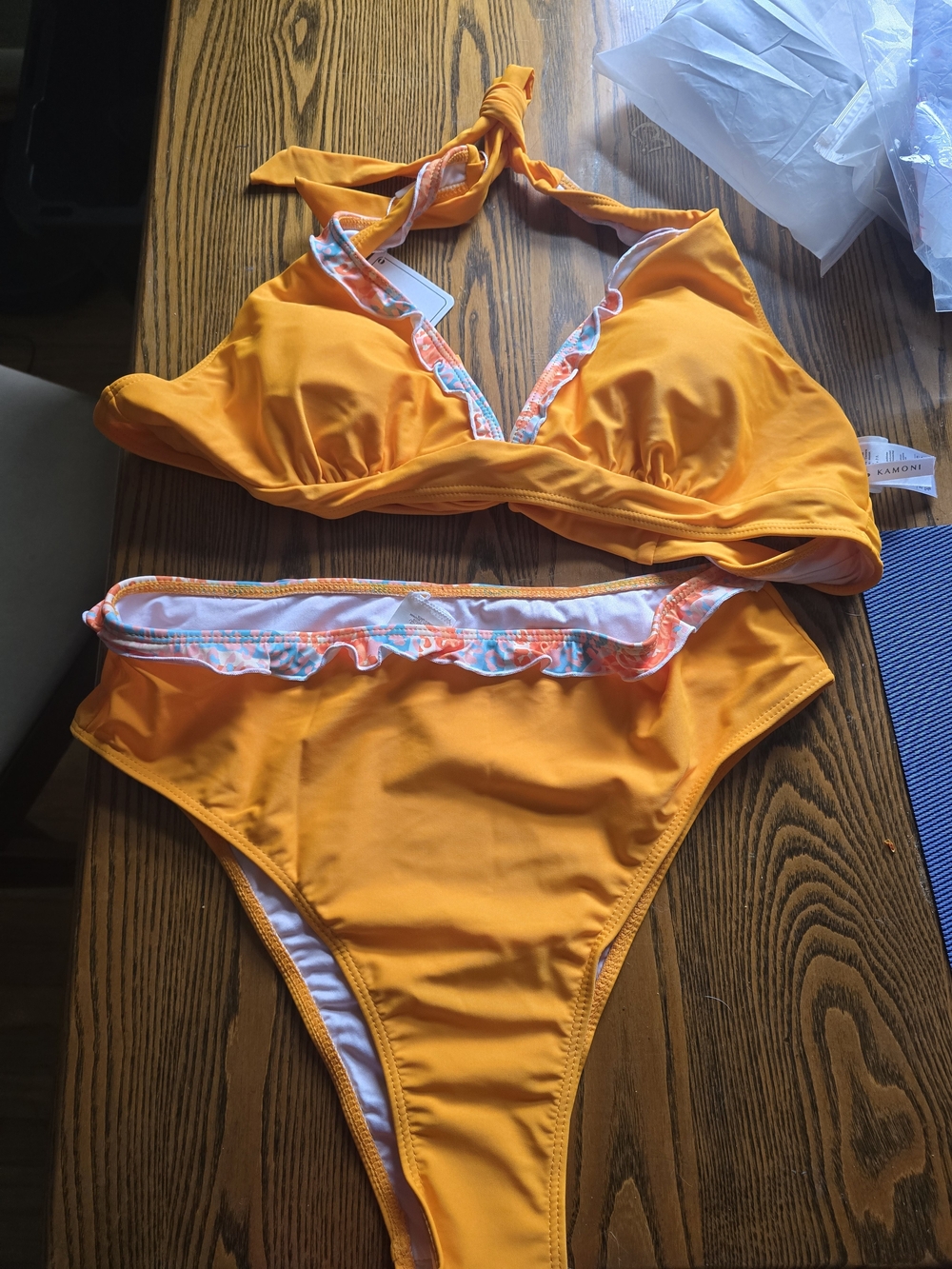 Kamoni Solid Orange Ruffle High-Waist Bikini Set Like New